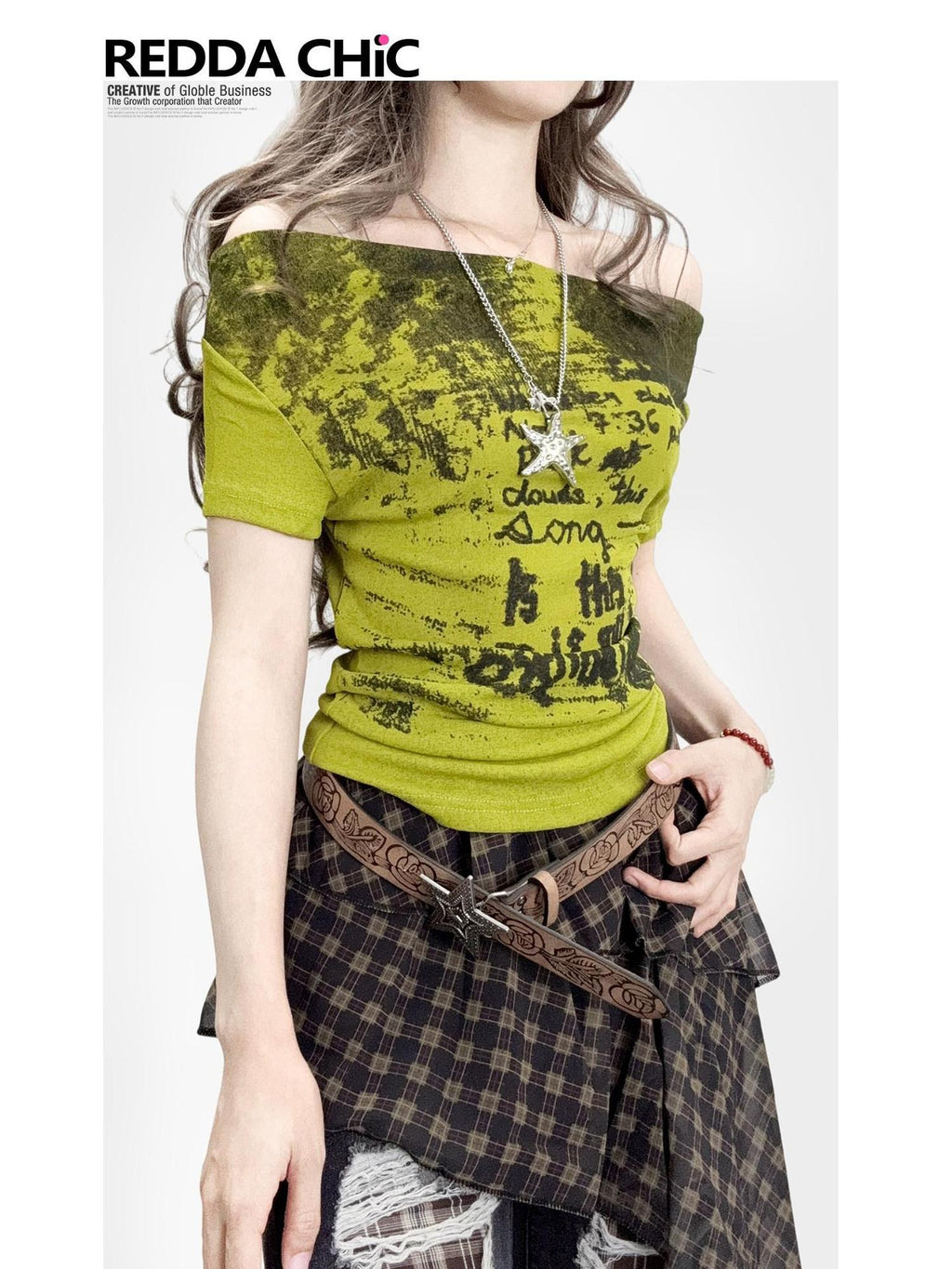 ReddaChic Light Green Retro Slim Fit Letter Print Women Wide-Leg Jeans