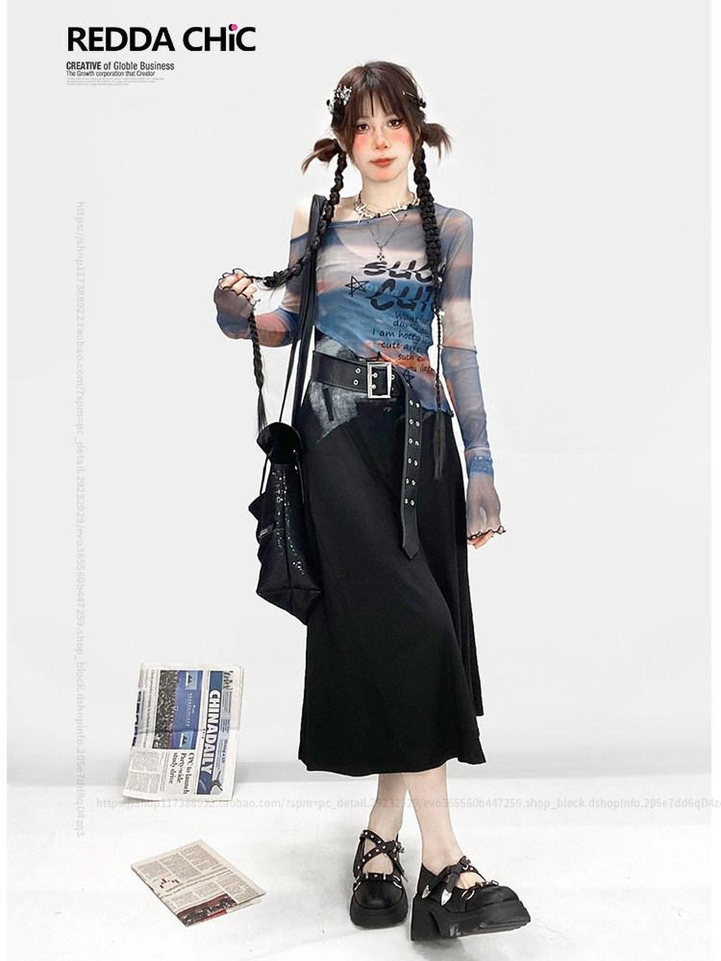 ReddaChic Lightweight Cropped Bell Sleeve Creative Blue Long Sleeve T-Shirts