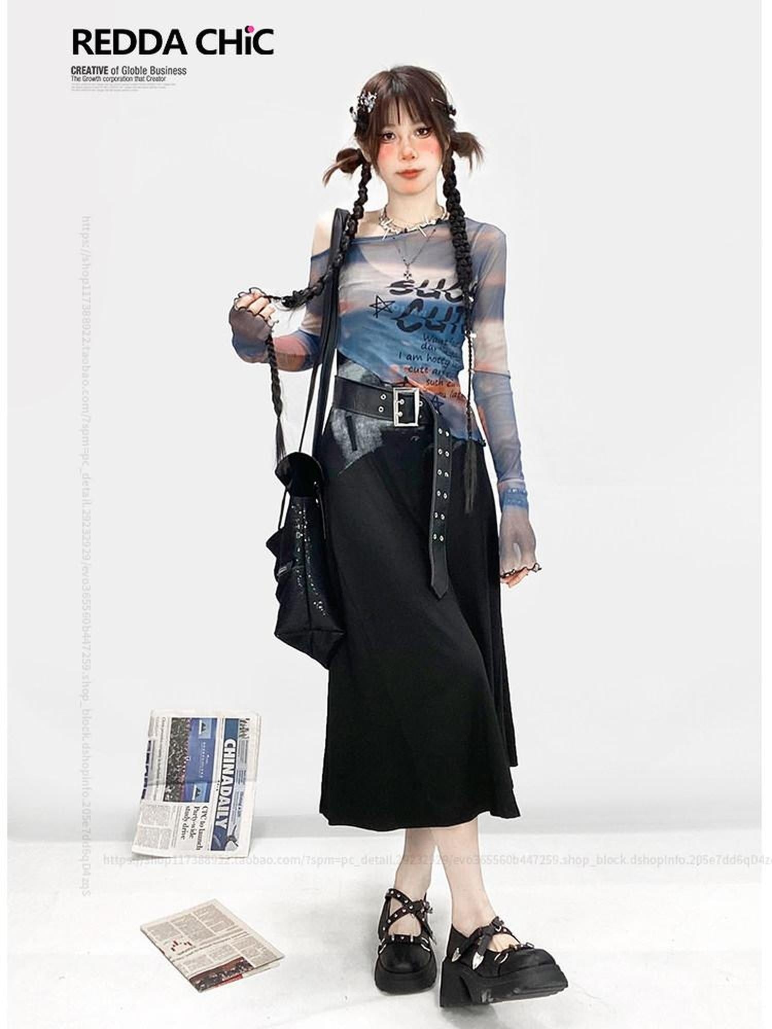 ReddaChic Lightweight Cropped Bell Sleeve Creative Blue Long Sleeve T-Shirts