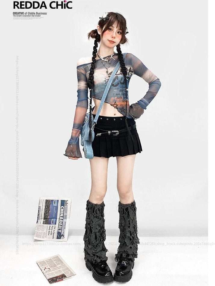 ReddaChic Lightweight Cropped Bell Sleeve Creative Blue Long Sleeve T-Shirts