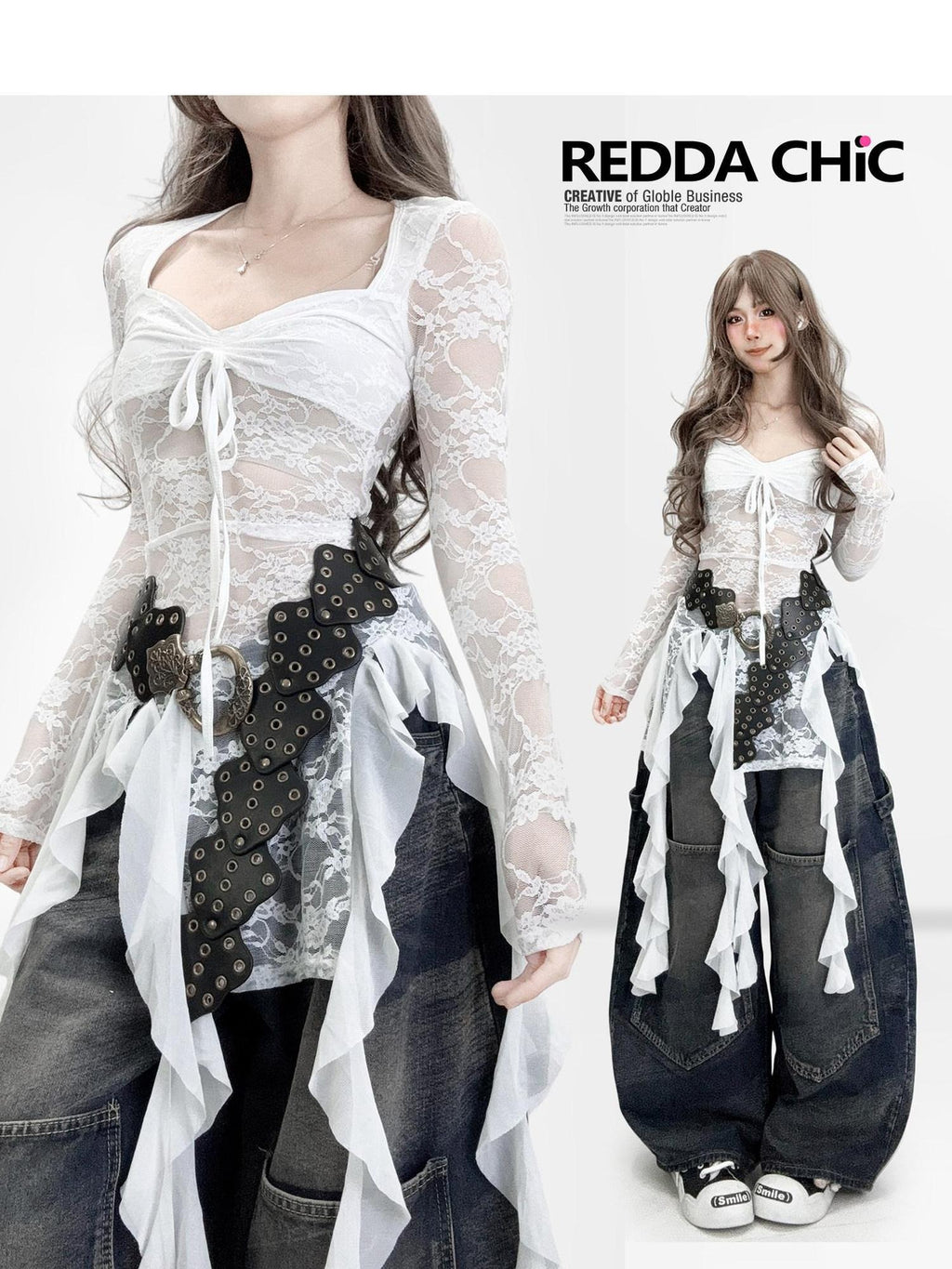 ReddaChic Lightweight Lace Ruffle Vintage Slim Fit Women Casual Irregular Hem Denim Shorts