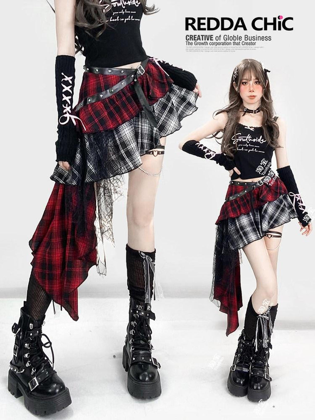 ReddaChic Lightweight Low Waist Tiered Commuter Style Plaid Red Mini Skirts
