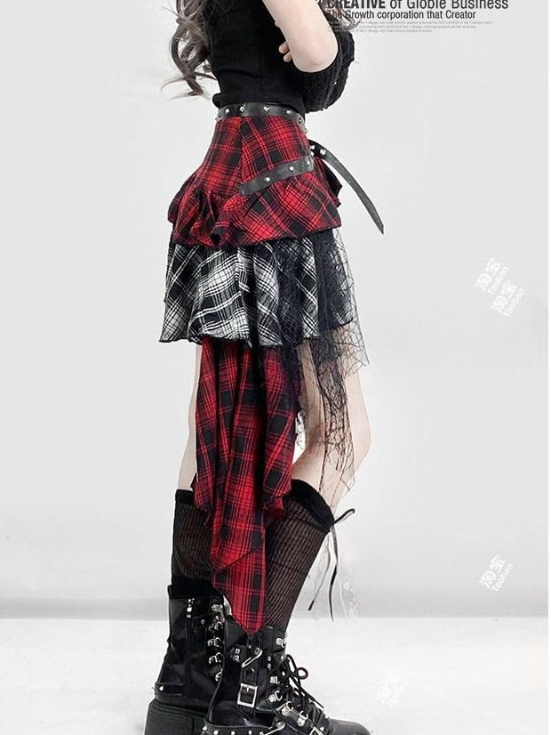 ReddaChic Lightweight Low Waist Tiered Commuter Style Plaid Red Mini Skirts