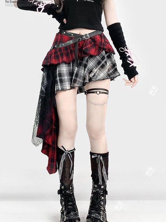 ReddaChic Lightweight Low Waist Tiered Commuter Style Plaid Red Mini Skirts
