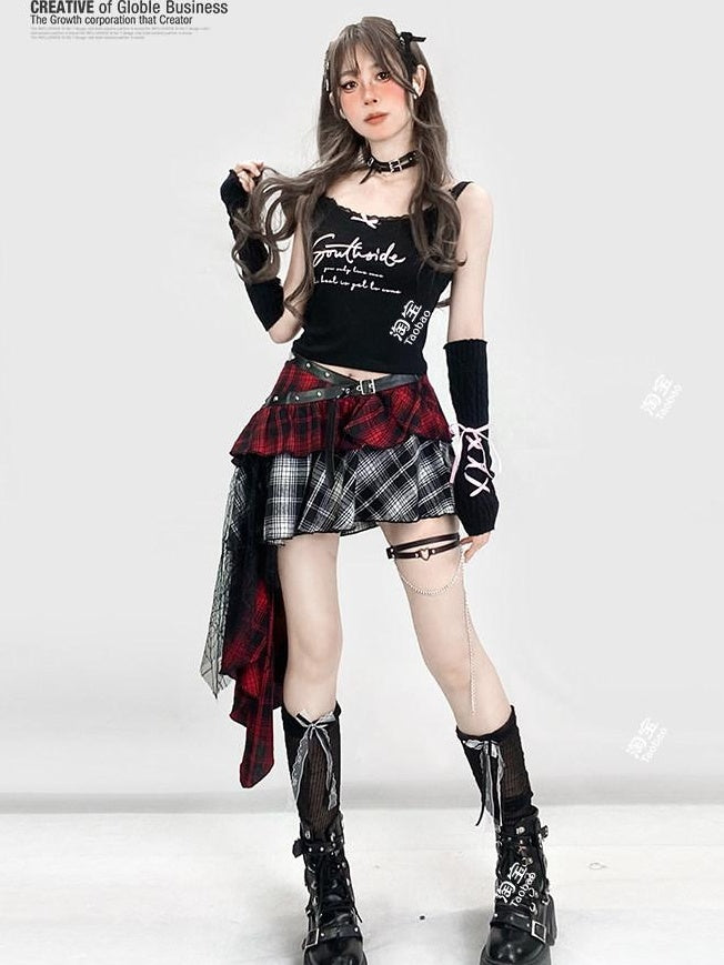 ReddaChic Lightweight Low Waist Tiered Commuter Style Plaid Red Mini Skirts