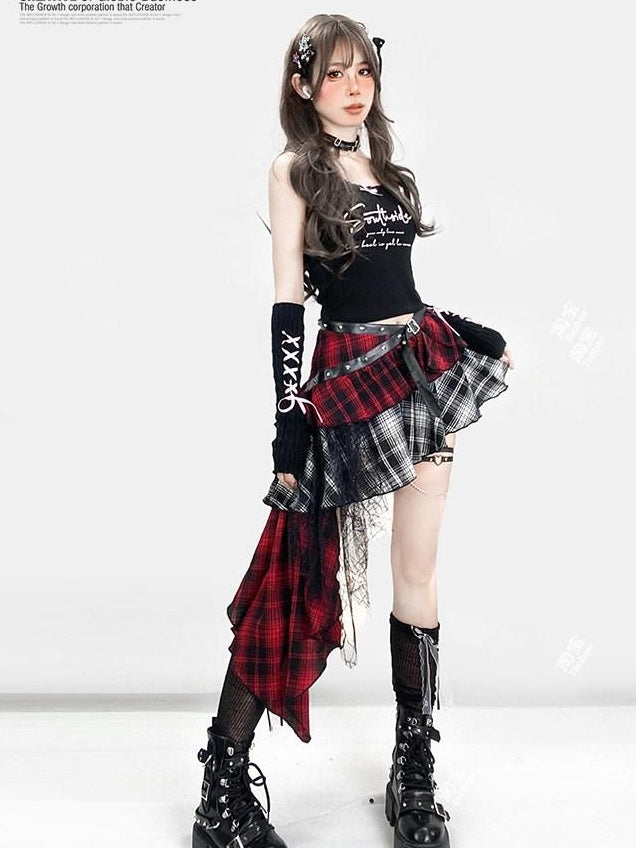 ReddaChic Lightweight Low Waist Tiered Commuter Style Plaid Red Mini Skirts