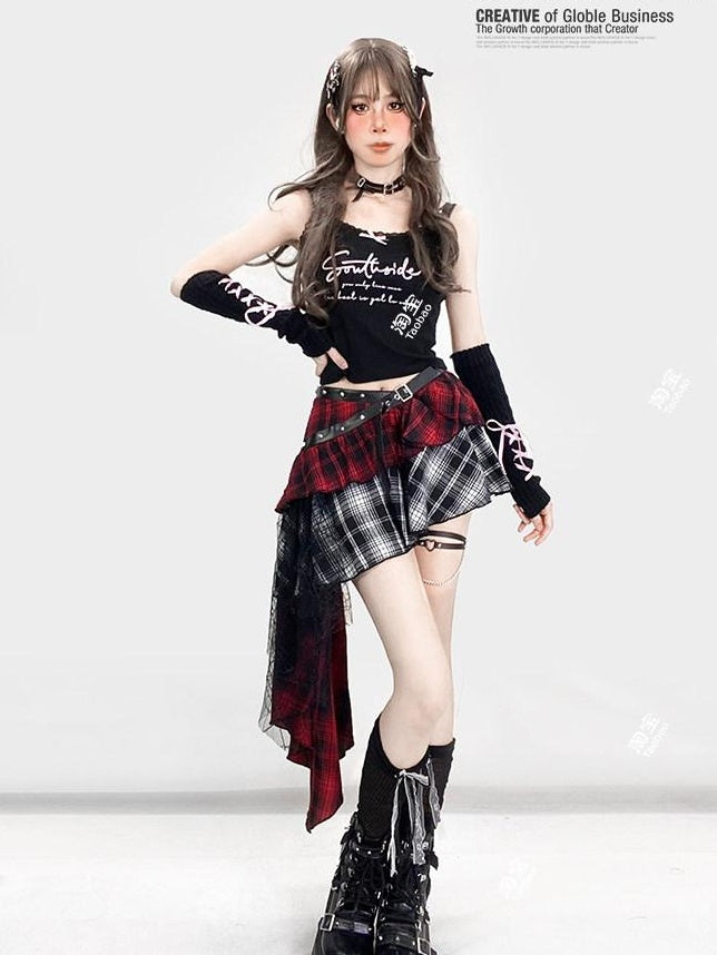 ReddaChic Lightweight Low Waist Tiered Commuter Style Plaid Red Mini Skirts