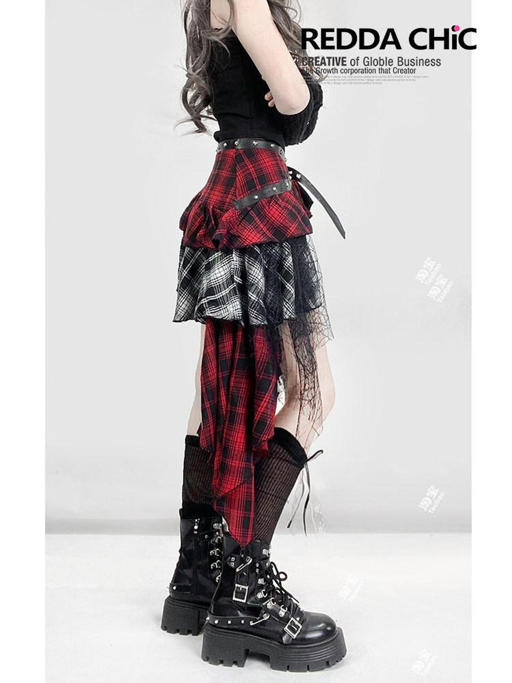 ReddaChic Lightweight Low Waist Tiered Commuter Style Plaid Red Mini Skirts