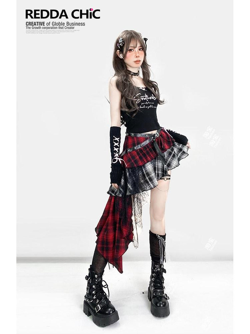 ReddaChic Lightweight Low Waist Tiered Commuter Style Plaid Red Mini Skirts