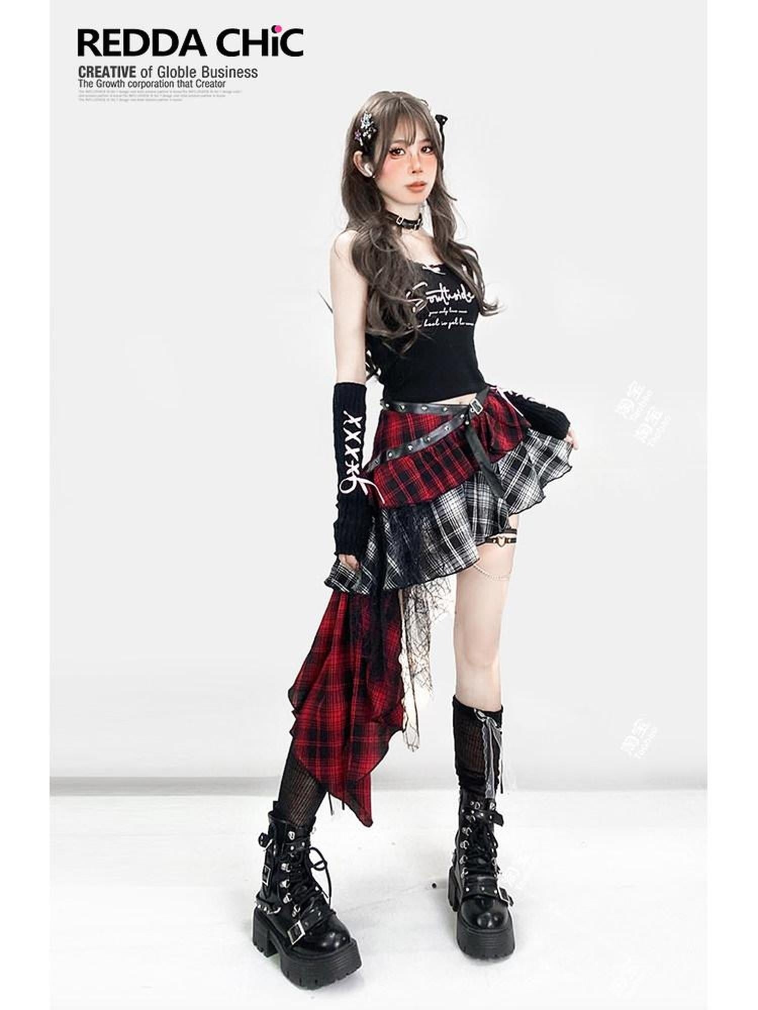 ReddaChic Lightweight Low Waist Tiered Commuter Style Plaid Red Mini Skirts