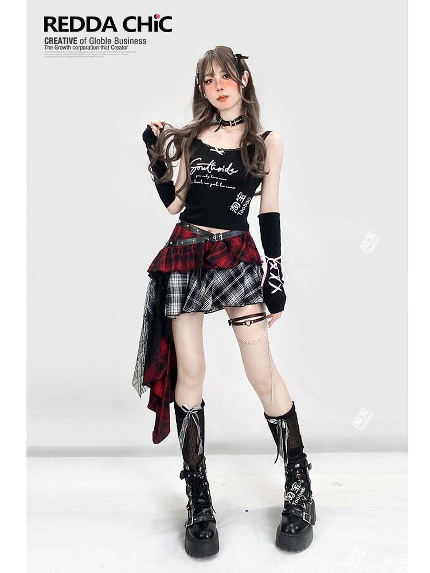 ReddaChic Lightweight Low Waist Tiered Commuter Style Plaid Red Mini Skirts