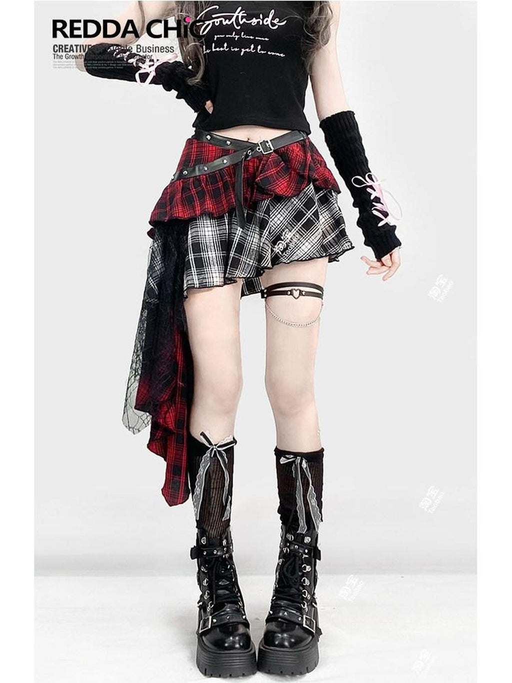ReddaChic Lightweight Low Waist Tiered Commuter Style Plaid Red Mini Skirts