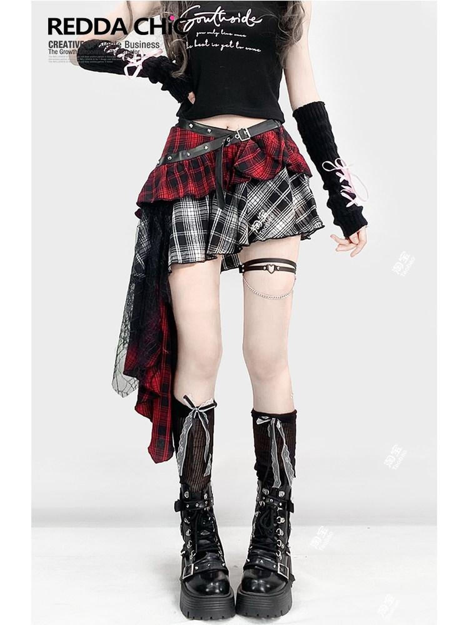 ReddaChic Lightweight Low Waist Tiered Commuter Style Plaid Red Mini Skirts