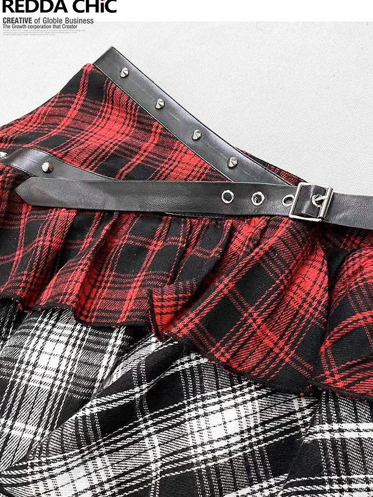 ReddaChic Lightweight Low Waist Tiered Commuter Style Plaid Red Mini Skirts