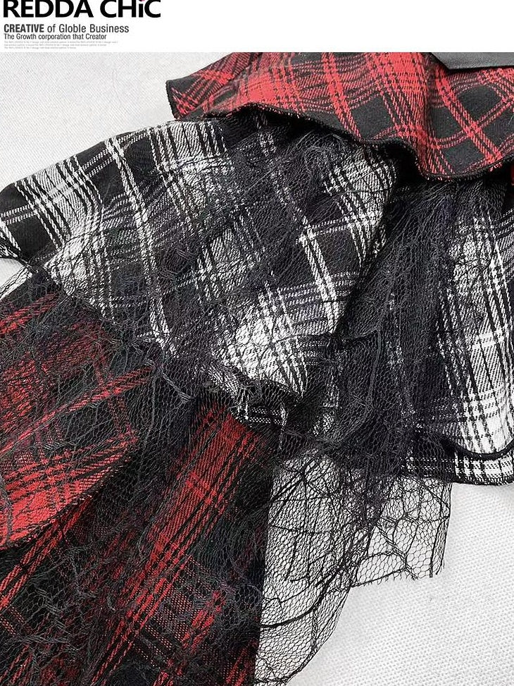 ReddaChic Lightweight Low Waist Tiered Commuter Style Plaid Red Mini Skirts