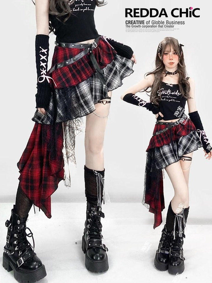 ReddaChic Lightweight Low Waist Tiered Commuter Style Plaid Red Mini Skirts