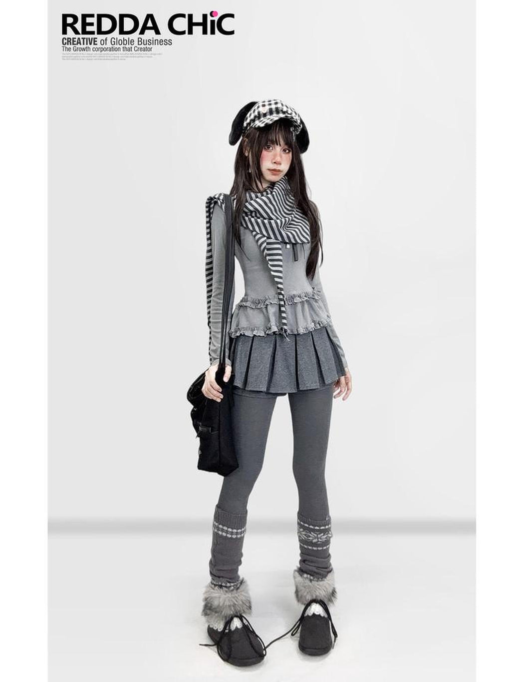 ReddaChic Low Waist Ruffle Hem Casual Slim A Line Patchwork Grey Women Mini Skirts