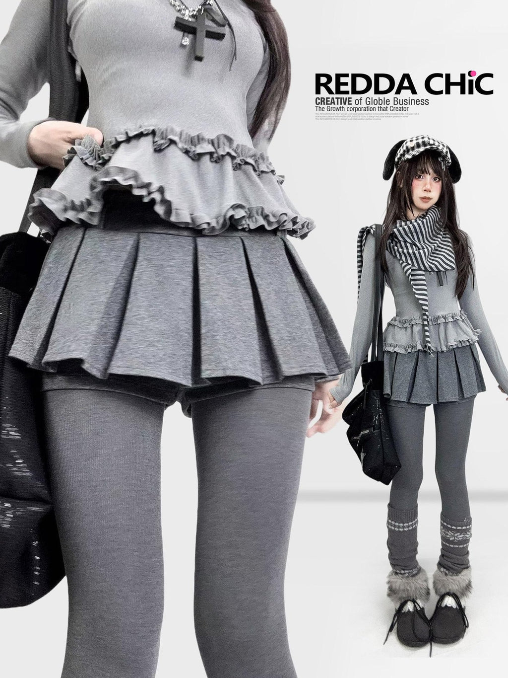ReddaChic Low Waist Ruffle Hem Casual Slim A Line Patchwork Grey Women Mini Skirts