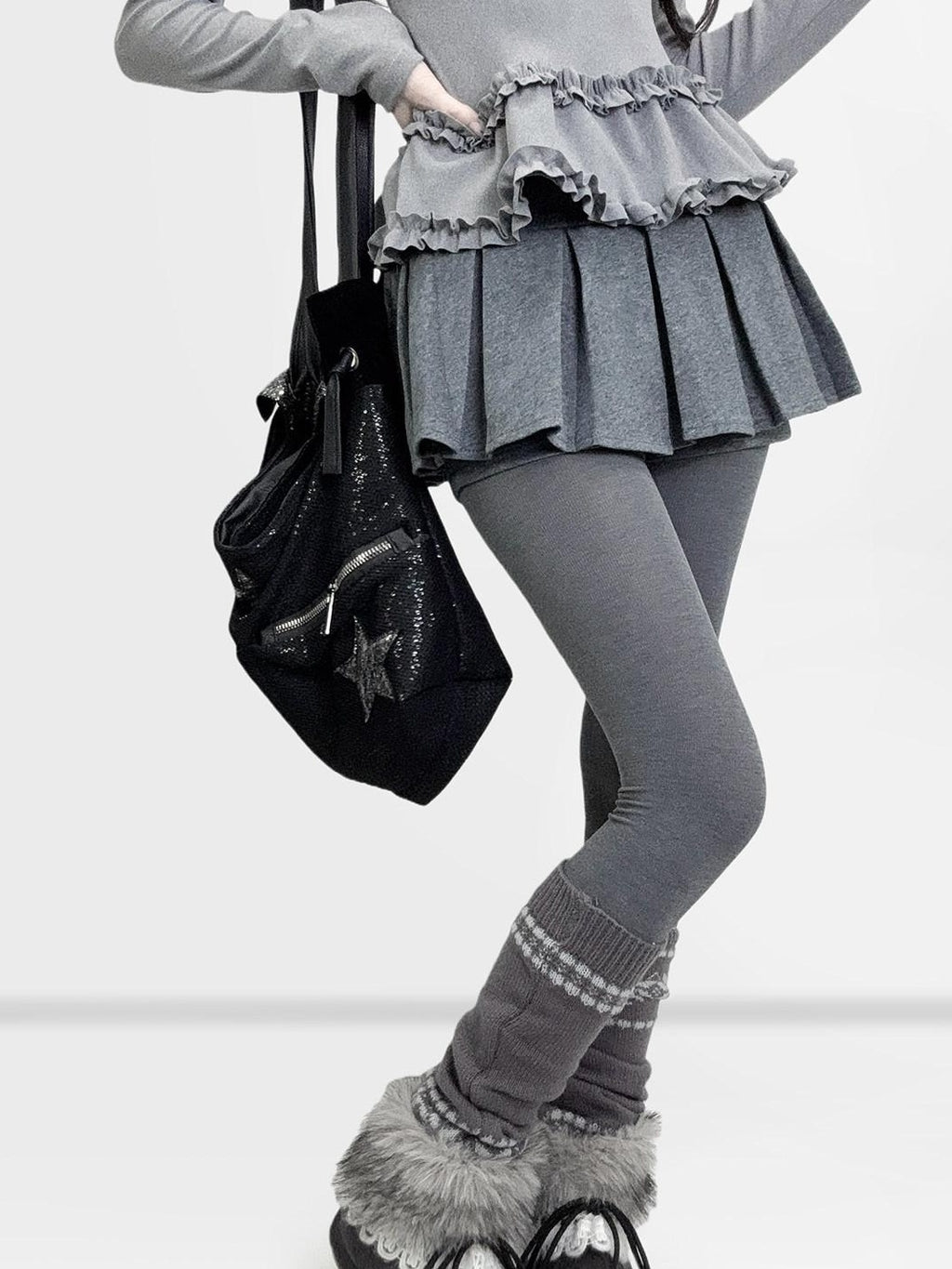 ReddaChic Low Waist Ruffle Hem Casual Slim A Line Patchwork Grey Women Mini Skirts