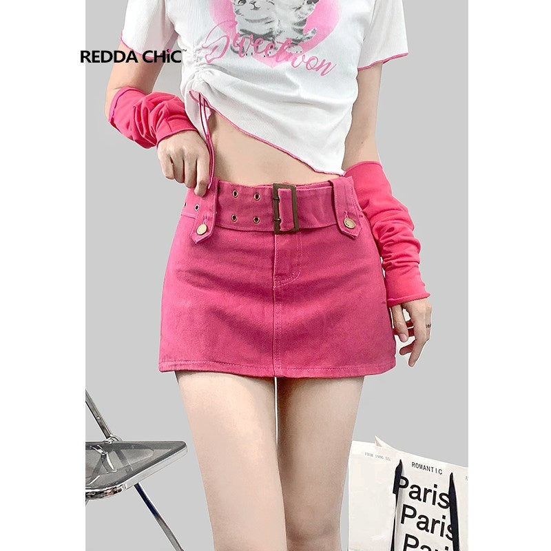 ReddaChic_Magenta_Denim_Tie_Waist_Pocket_A_Line_Korean_Workwear_Young_Women_Tops_Blouses_MISSTT