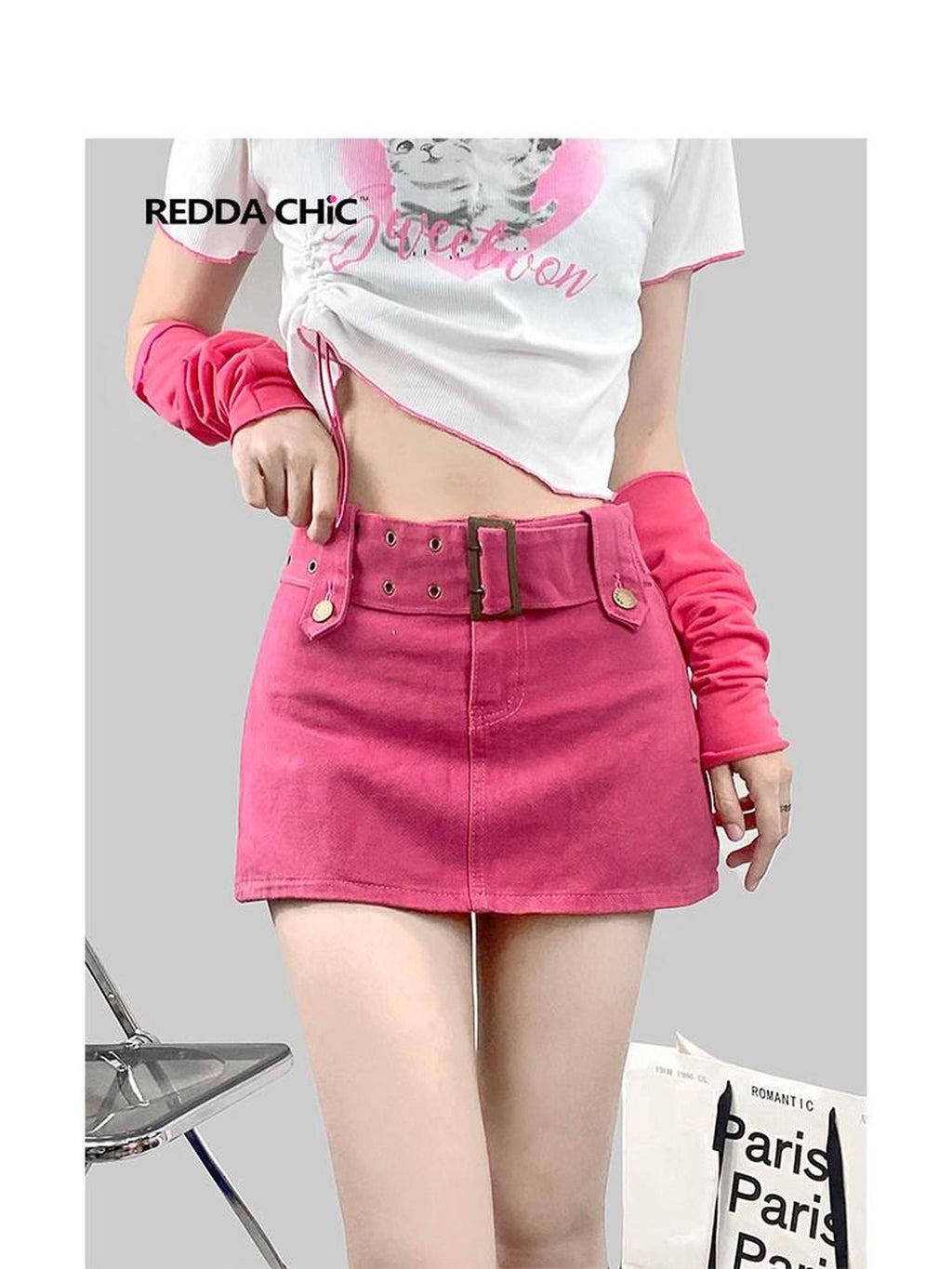 ReddaChic Magenta Denim Tie Waist Pocket A Line Korean Workwear Young Women Tops Blouses