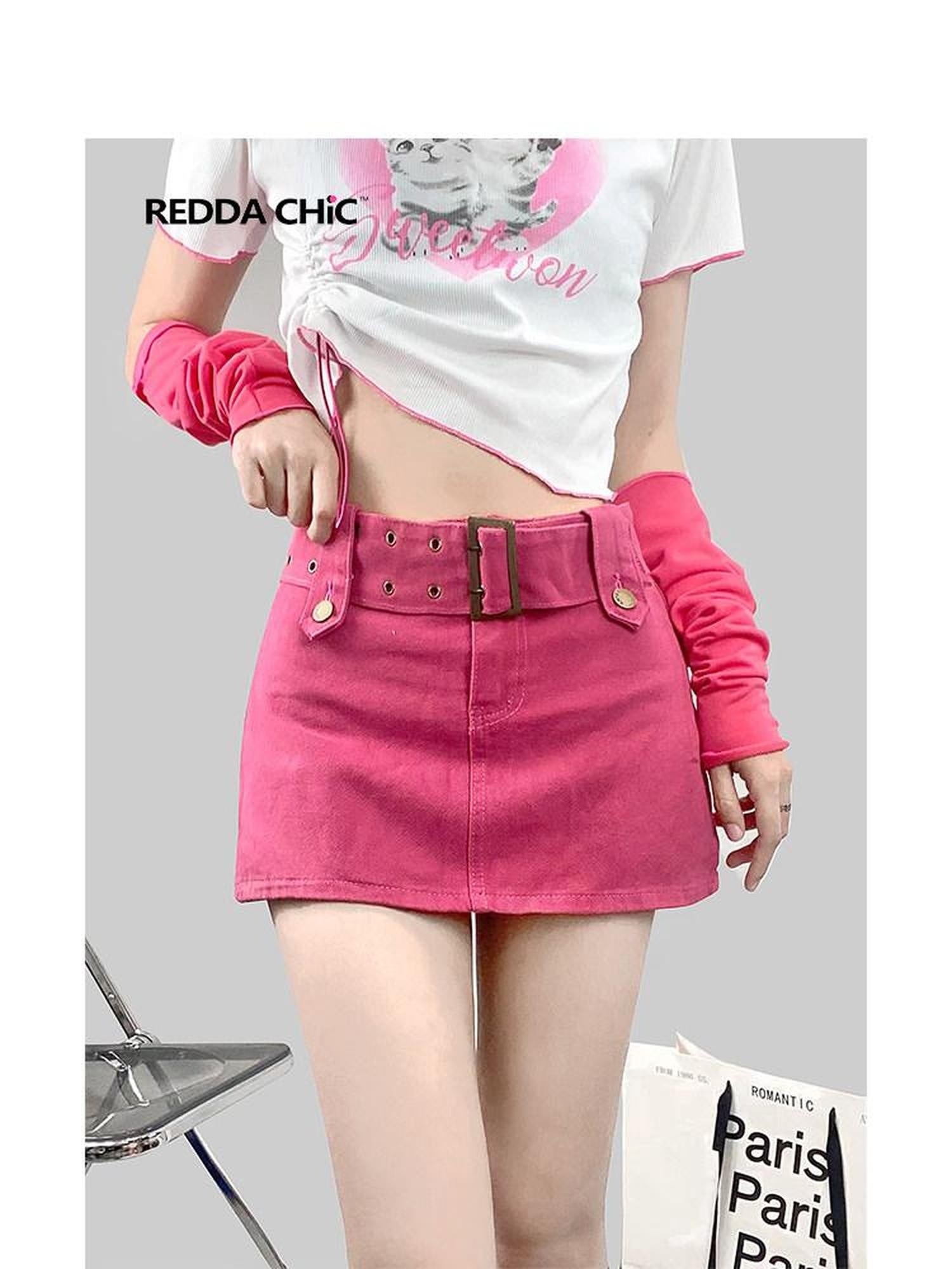 ReddaChic Magenta Denim Tie Waist Pocket A Line Korean Workwear Young Women Tops Blouses