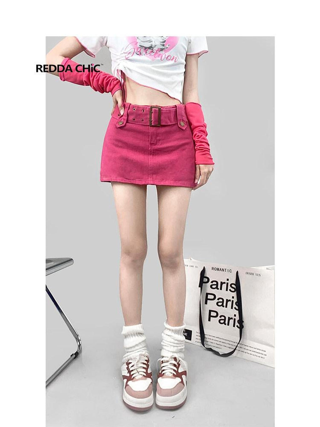 ReddaChic Magenta Denim Tie Waist Pocket A Line Korean Workwear Young Women Tops Blouses