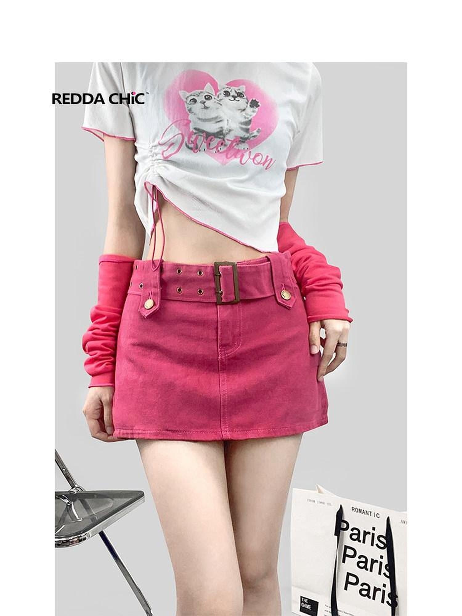 ReddaChic Magenta Denim Tie Waist Pocket A Line Korean Workwear Young Women Tops Blouses