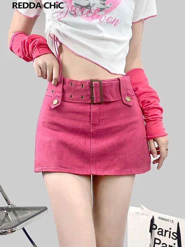 ReddaChic Magenta Denim Tie Waist Pocket A Line Korean Workwear Young Women Tops Blouses