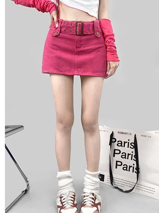 ReddaChic Magenta Denim Tie Waist Pocket A Line Korean Workwear Young Women Tops Blouses