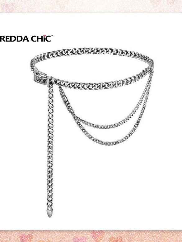 ReddaChic Metal Waist Chain Accent Sleek Glossy Plain Youth Women White Street Hoodies