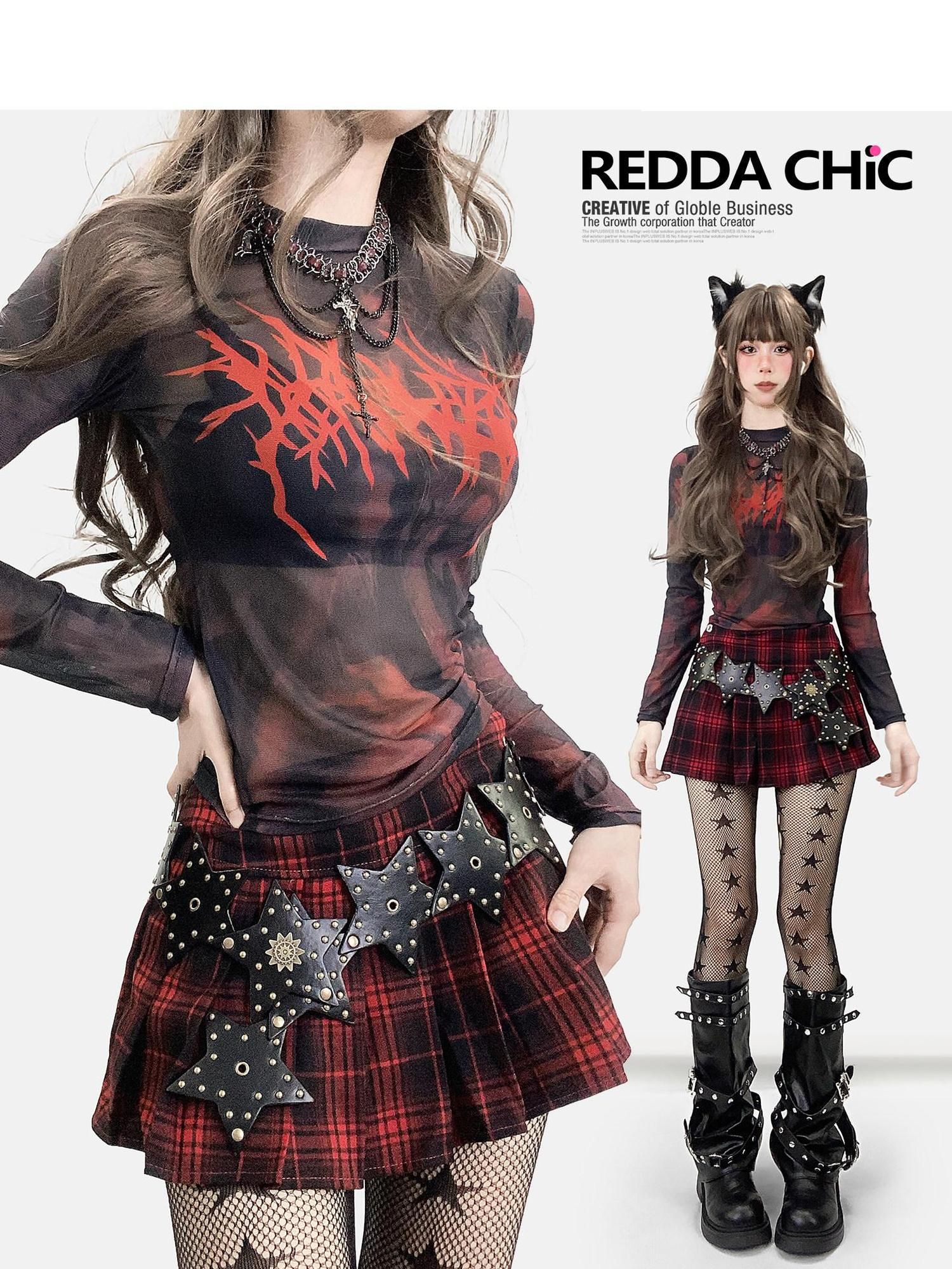 ReddaChic Moisture Wicking Mesh Slim Fit Tie Dye Cross Print Women Long Sleeve T-Shirts