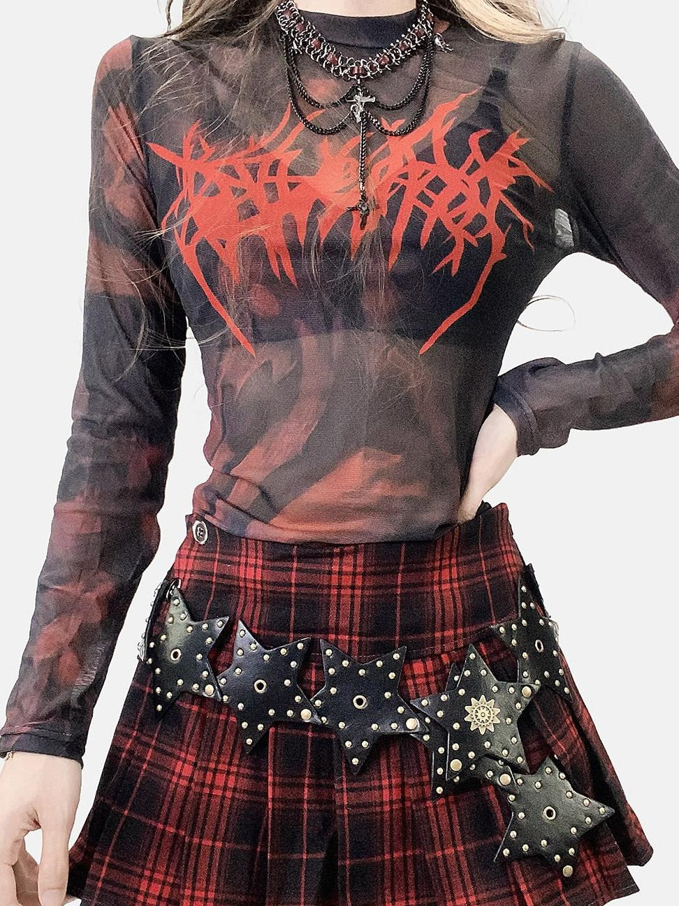 ReddaChic Moisture Wicking Mesh Slim Fit Tie Dye Cross Print Women Long Sleeve T-Shirts