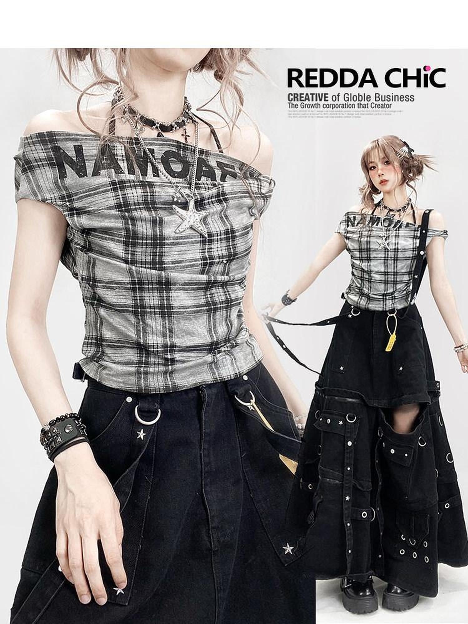 ReddaChic Moisture Wicking Sexy Slim Fit Plaid Cross Print Black Club Mini Skirts