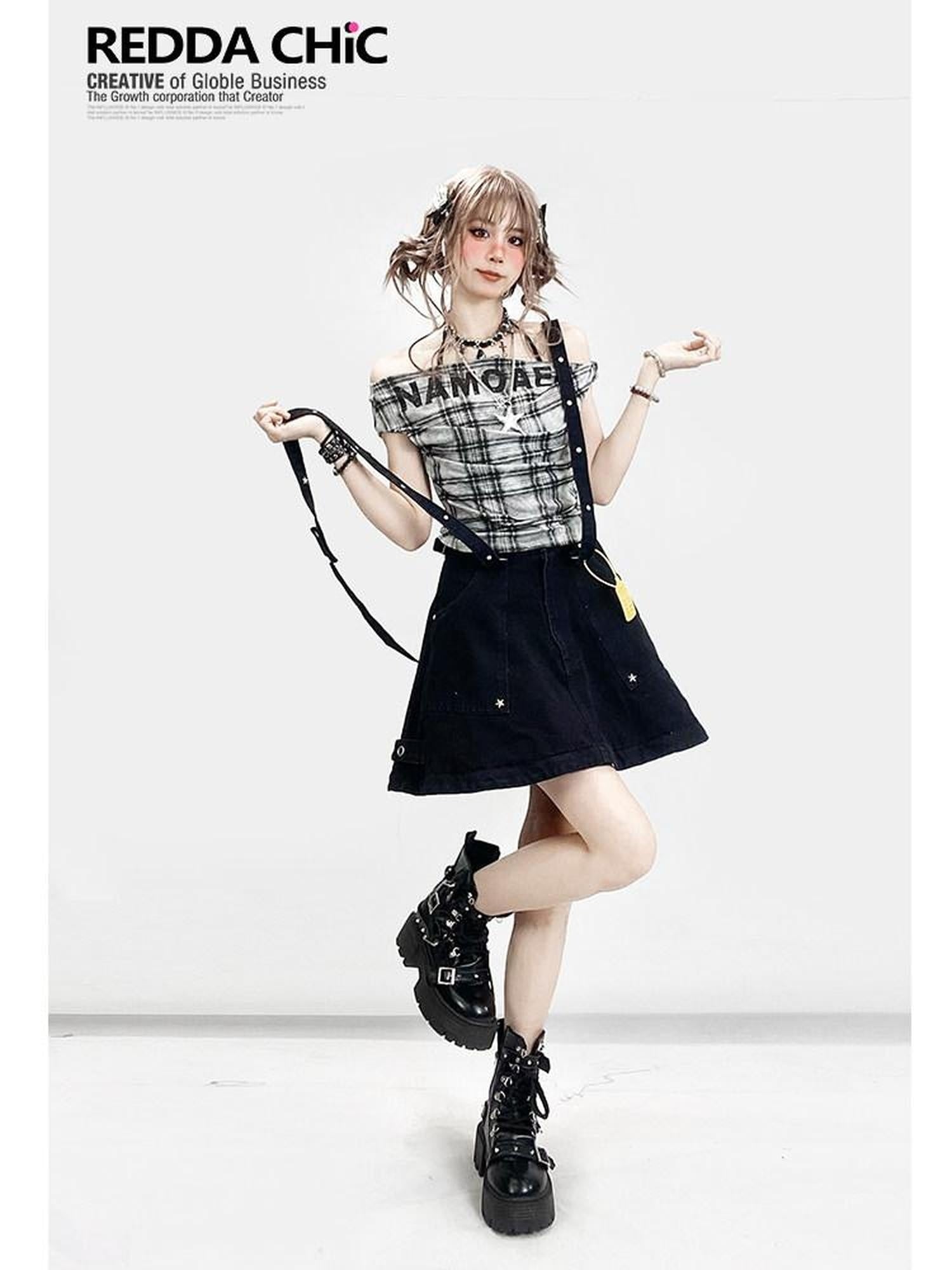 ReddaChic Moisture Wicking Sexy Slim Fit Plaid Cross Print Black Club Mini Skirts