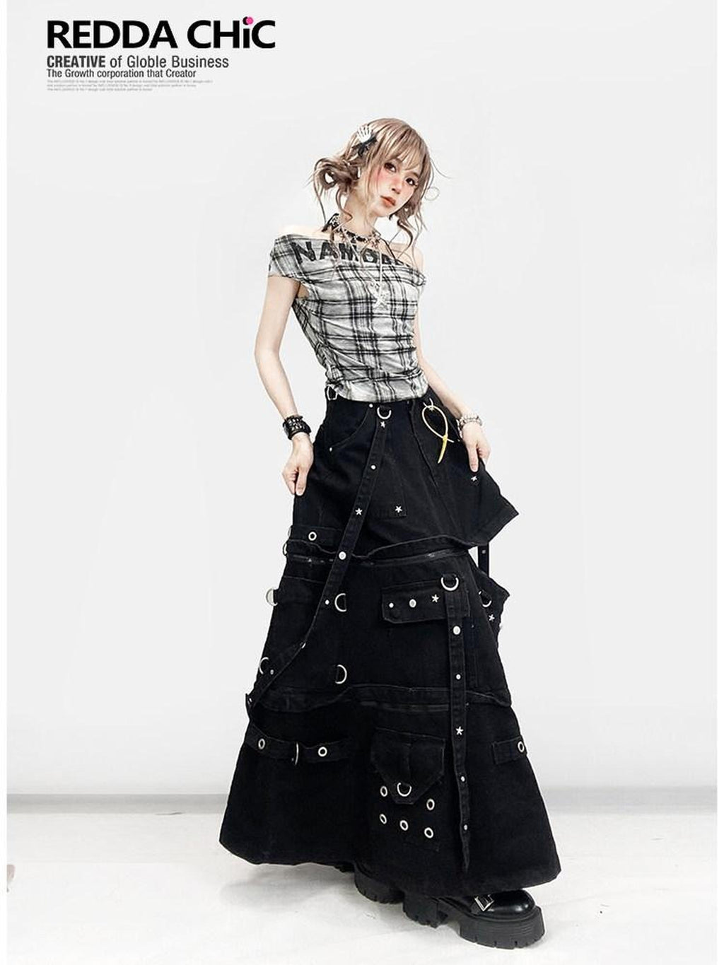 ReddaChic Moisture Wicking Sexy Slim Fit Plaid Cross Print Black Club Mini Skirts
