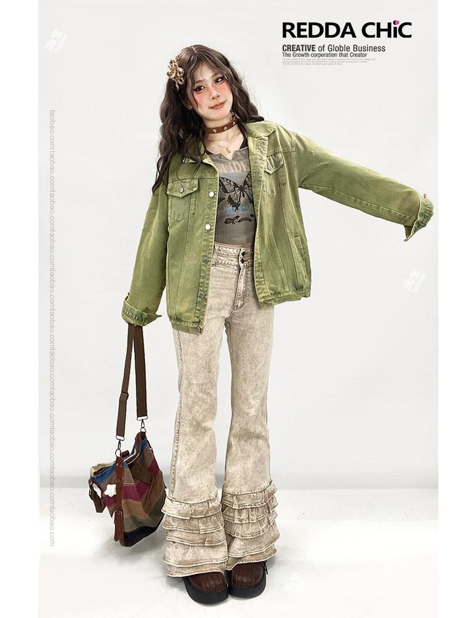 ReddaChic Office Ready Loose Fit Green Workwear Lapel Detail Chic Denim Shorts