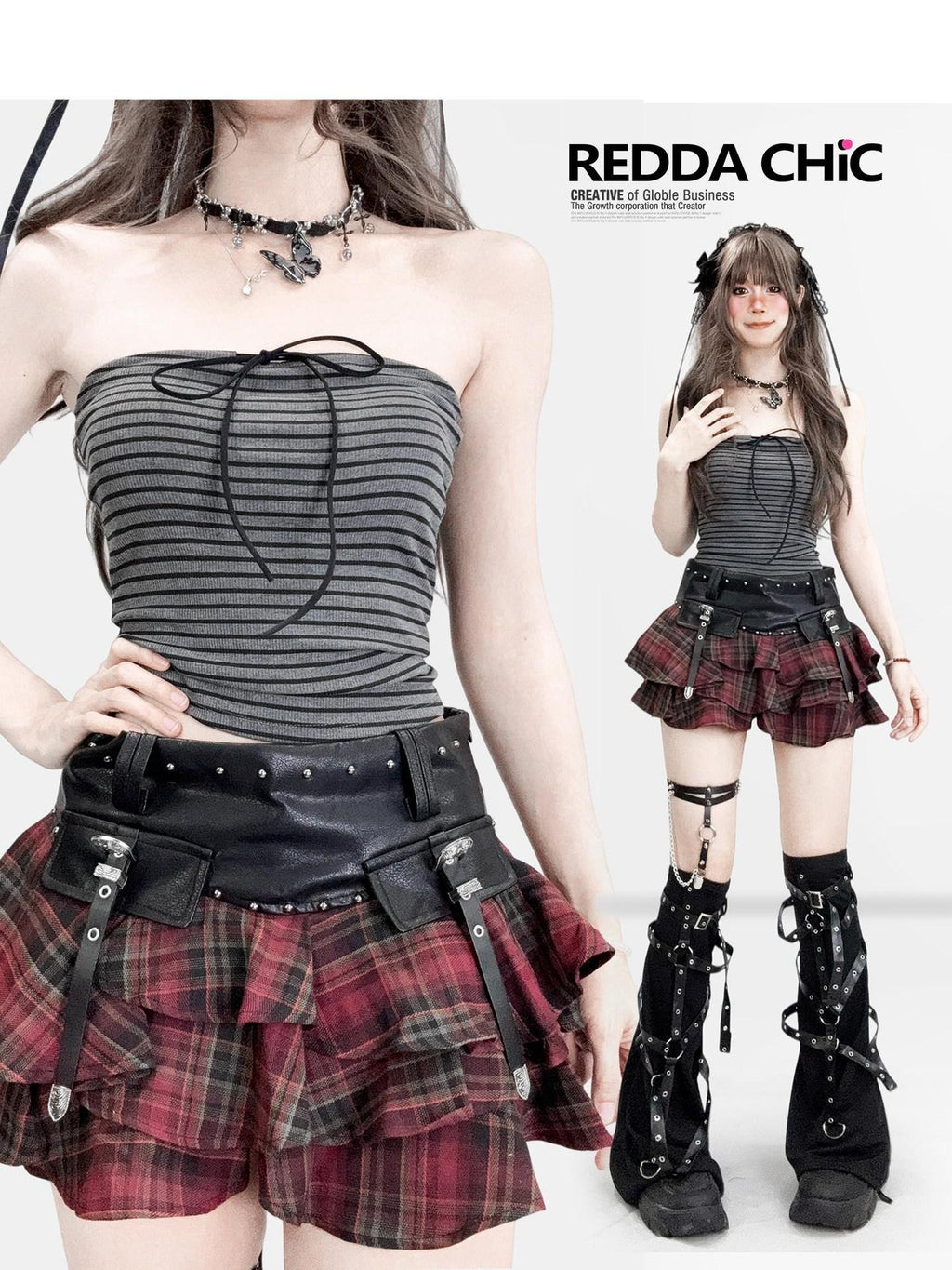 ReddaChic Padded Bow H Shaped Vest Stripe Cotton Blend Women Gray Strapless Mini Dresses