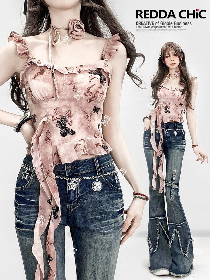 ReddaChic Padded Resort Floral Cropped Cami One Size Versatile Casual Overshirts