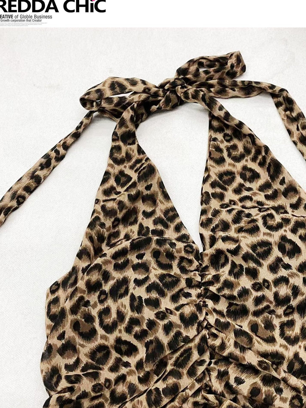 ReddaChic Padded Vintage Slim V-neck Chiffon Halter Cropped Leopard Long Sleeve T-Shirts