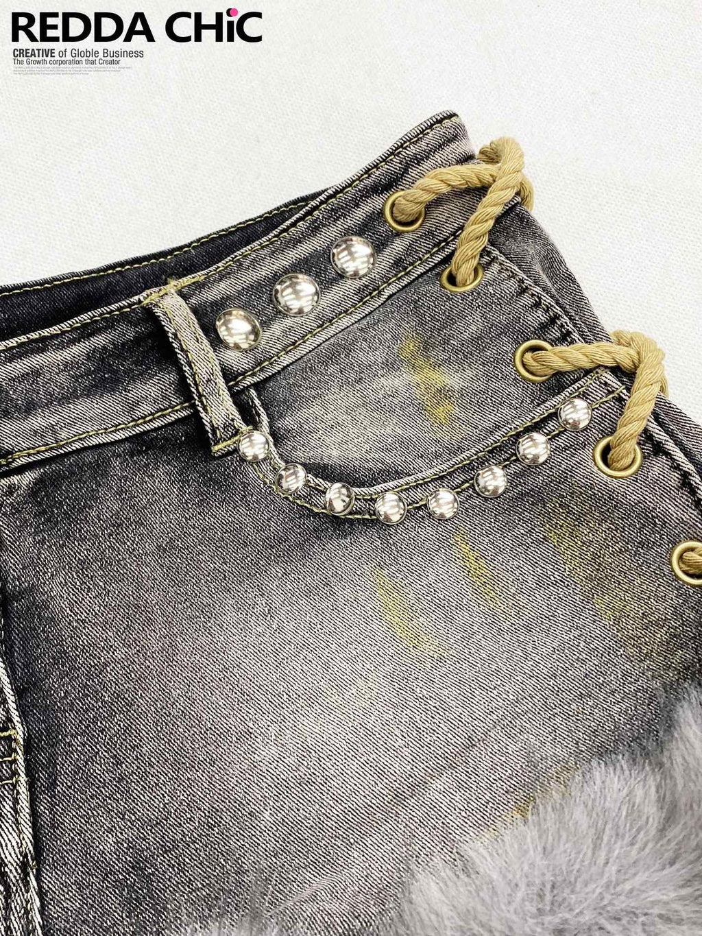 ReddaChic Patchwork Cotton Stretch Denim Fitted Low Rise Tie Detail Women Grey Maxi Skirts