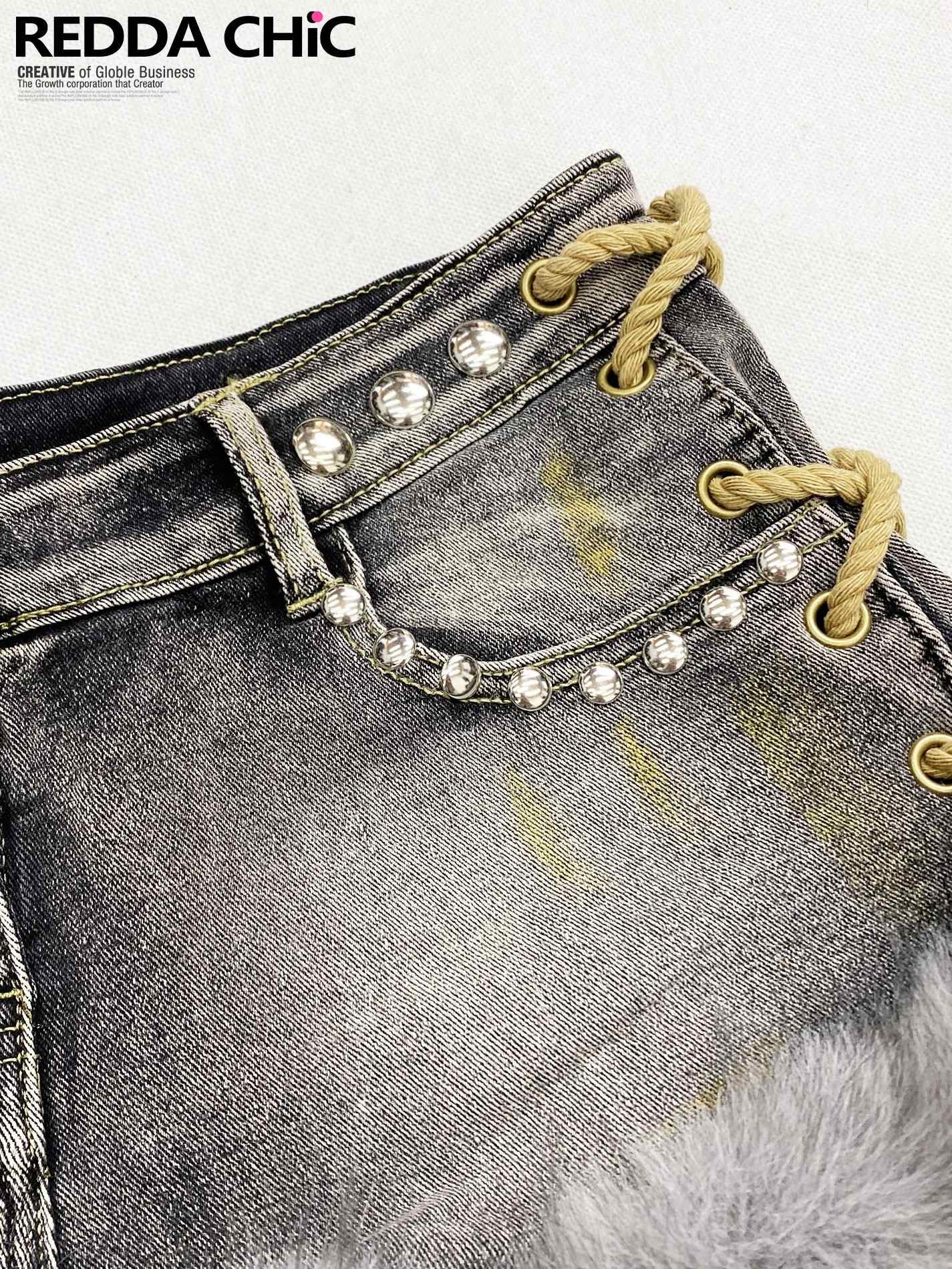 ReddaChic Patchwork Cotton Stretch Denim Fitted Low Rise Tie Detail Women Grey Maxi Skirts