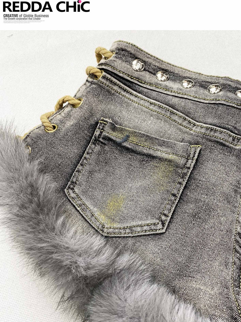 ReddaChic Patchwork Cotton Stretch Denim Fitted Low Rise Tie Detail Women Grey Maxi Skirts