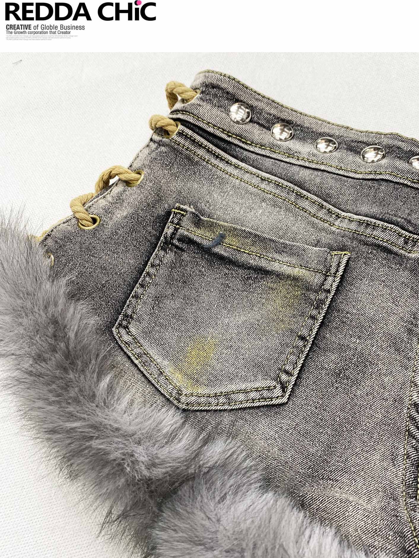 ReddaChic Patchwork Cotton Stretch Denim Fitted Low Rise Tie Detail Women Grey Maxi Skirts