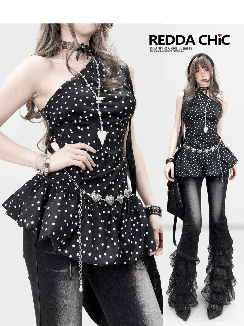 ReddaChic Polka Dot Slim Fit Short One Shoulder Style Women Casual High Rise Denim Shorts