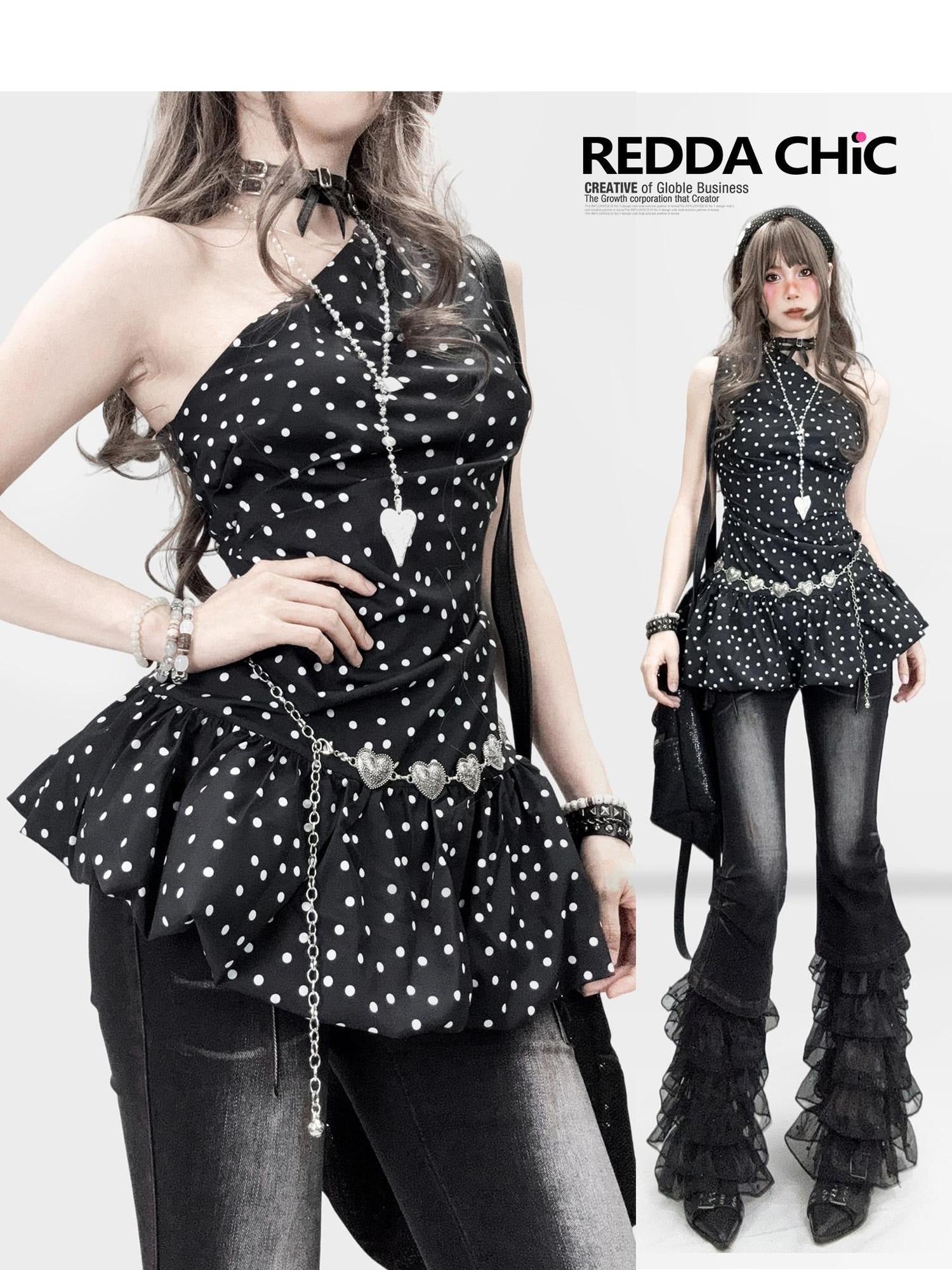 ReddaChic Polka Dot Slim Fit Short One Shoulder Style Women Casual High Rise Denim Shorts