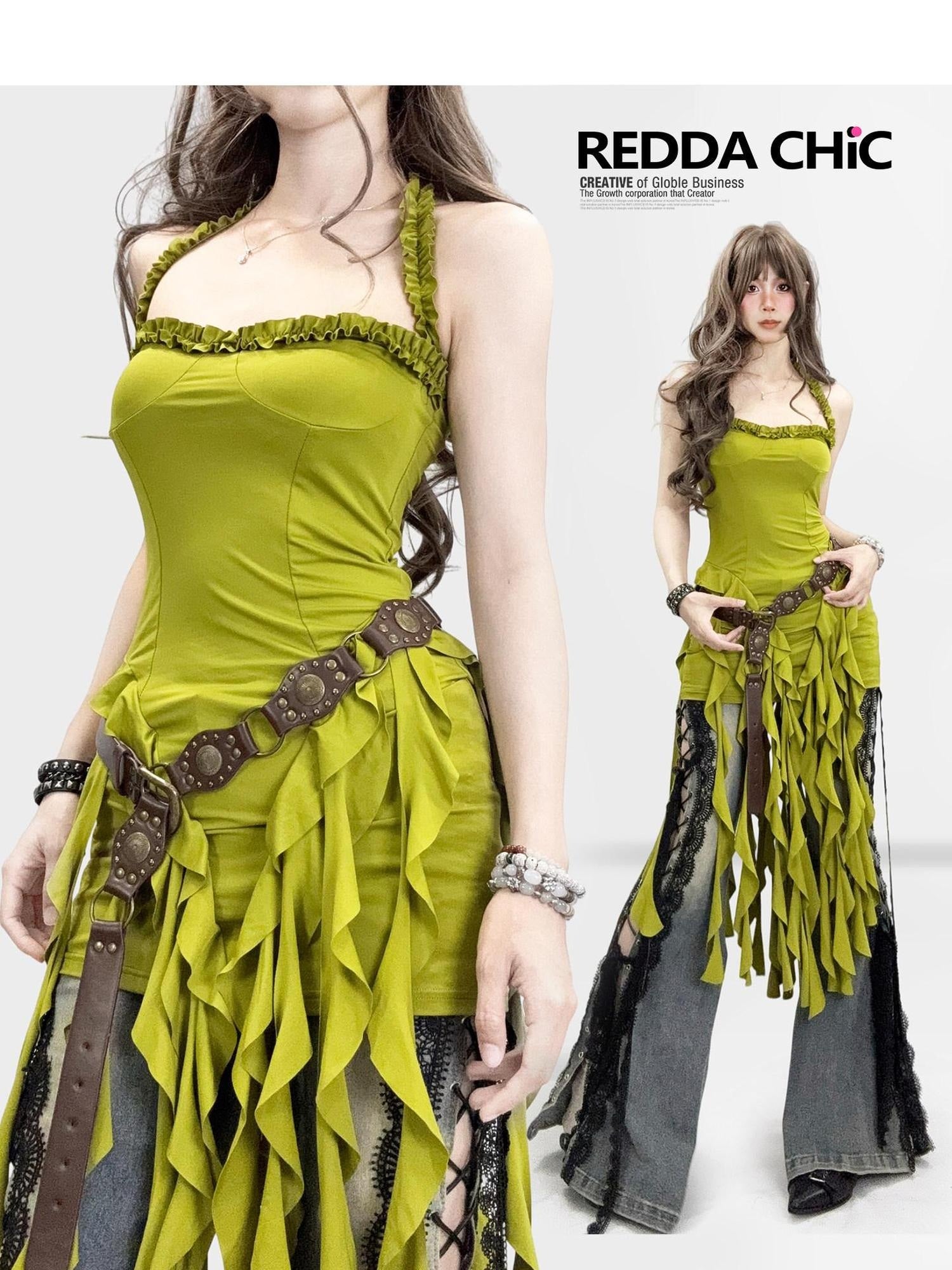 ReddaChic Polyester Vintage Ruffle Halter Neck Slim Fit Women Citywalk Tank Tops