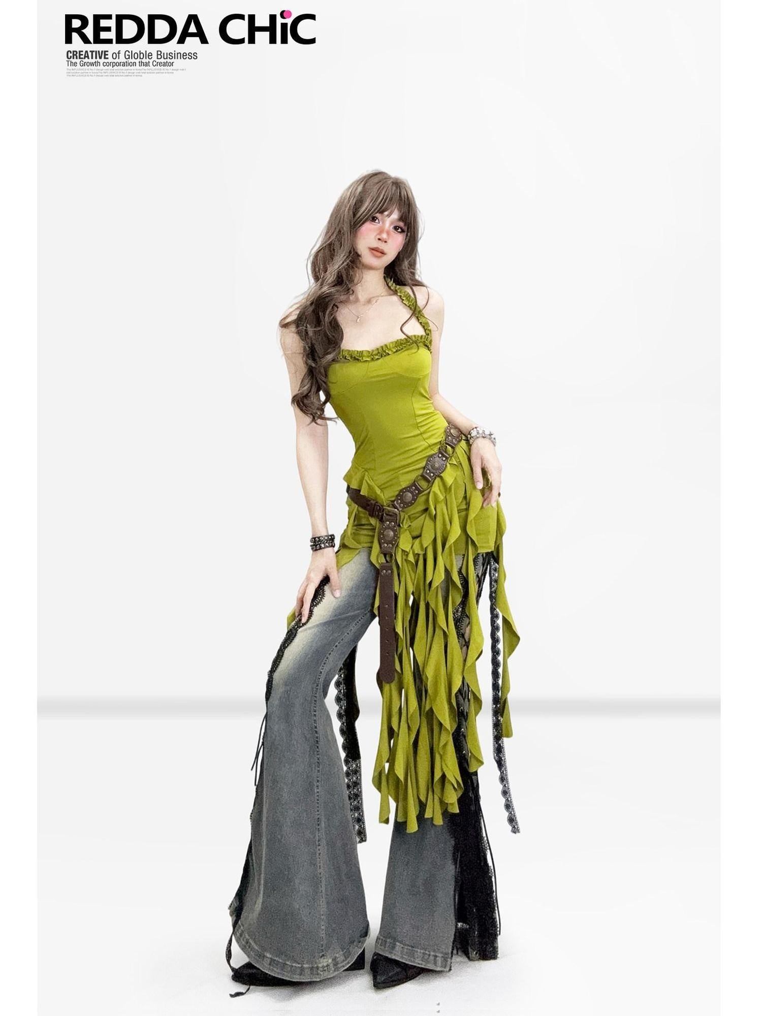 ReddaChic Polyester Vintage Ruffle Halter Neck Slim Fit Women Citywalk Tank Tops