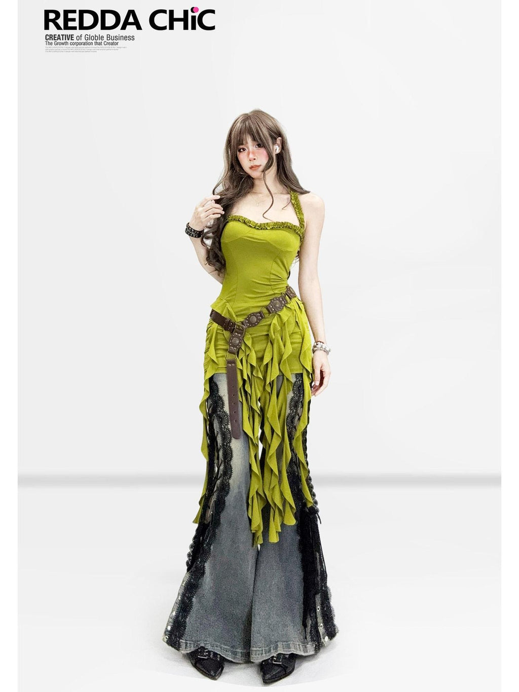 ReddaChic Polyester Vintage Ruffle Halter Neck Slim Fit Women Citywalk Tank Tops