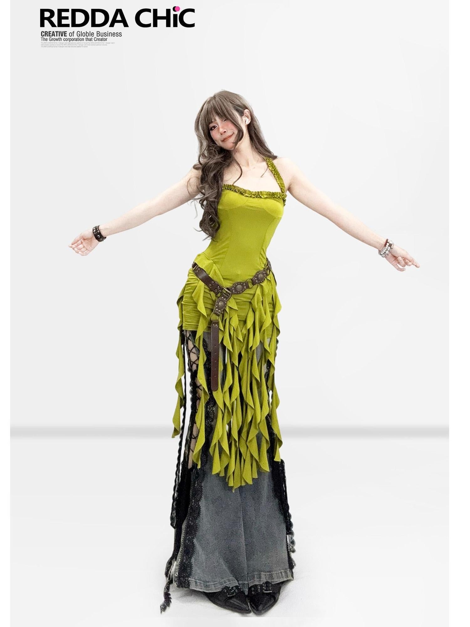ReddaChic Polyester Vintage Ruffle Halter Neck Slim Fit Women Citywalk Tank Tops